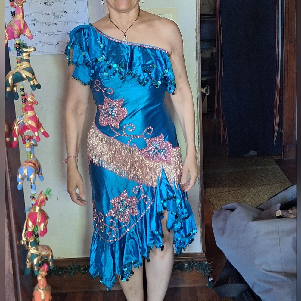 DANCE COSTUME | Teal & Pink Sequins & Beads With Fringes